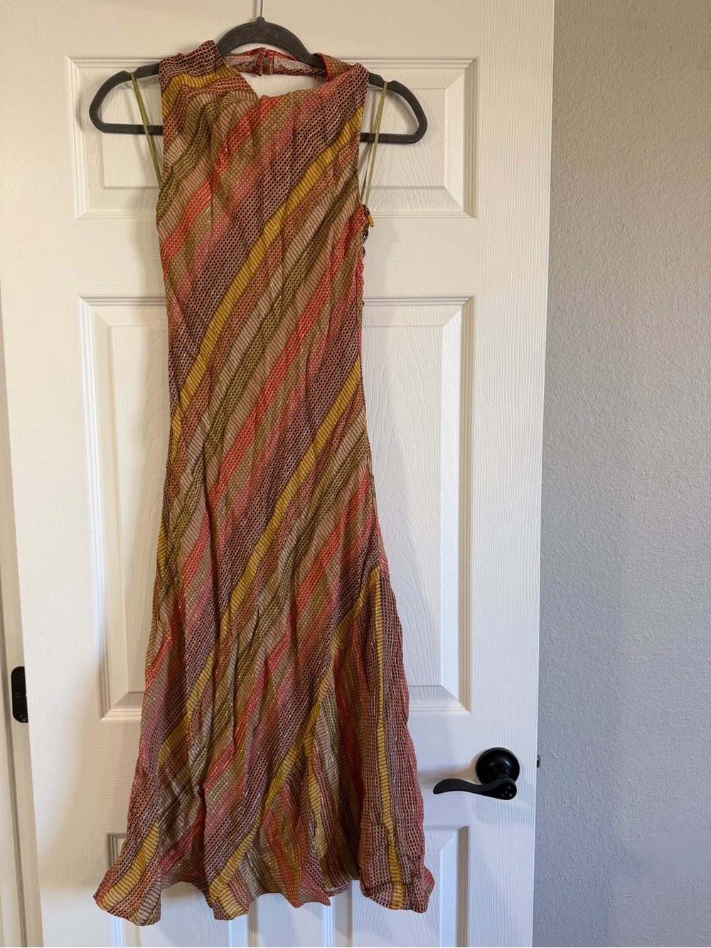 Conditions Apply Shimmer Multicolor Semi-Sheer Halter Ruffled Midi Dress